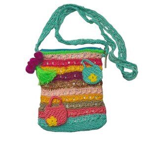 Bohemian Knit Crossbody Purse Rainbow Pride Shoulder Bag u Whimsical Lined Pompo